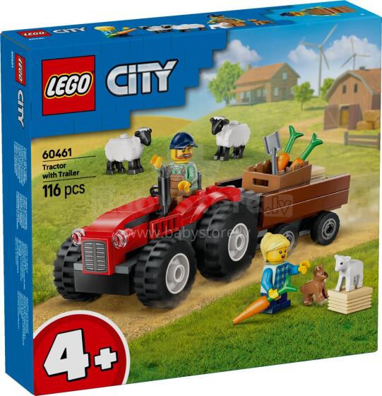 LEGO City Sarkanis Lauku Traktors ar Piekabi un Aitām