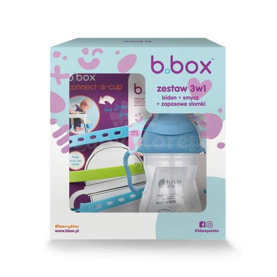 B.BOX 63006 Sākuma komplekts 3in1 - pudele ar salmiņu 240ml melleņu + kakla siksna okeāna vējš + rezerves salmiņi