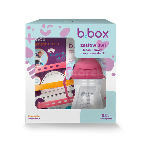 B.BOX 63012 Sākuma komplekts 3in1 - Salmiņu pudele ar salmiņu 240ml aveņu + Piekare zemeņu kokteilim + Rezerves salmiņi