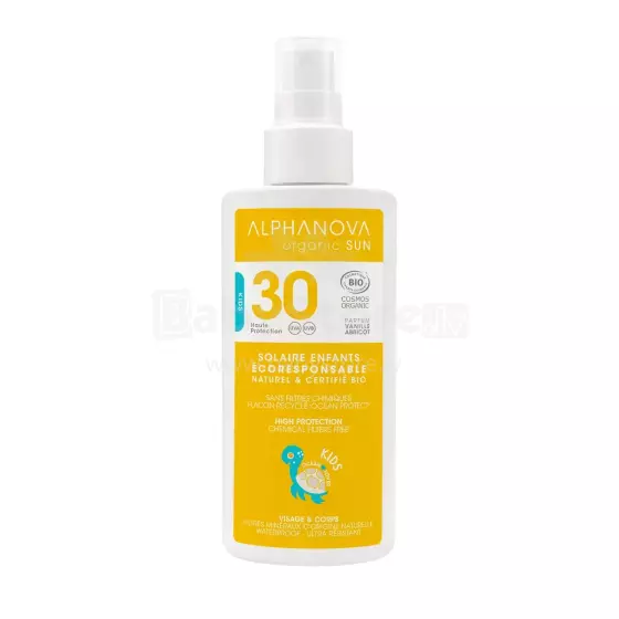Alphanova Sun Art.296445  organisks vaniļas-aprikozes aromāta, ūdensizturīgs minerālu saules aizsargkrēms bērniem SPF30, 125 ml