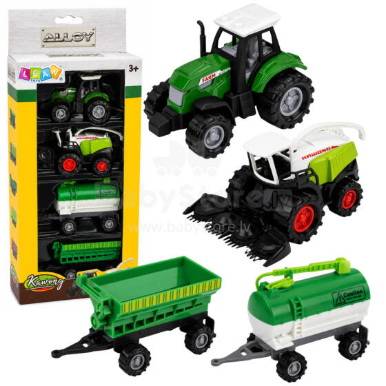 Lauksaimniecības transportlīdzekļu komplekts Traktors, lopbarības novācējs, cisterna, izkliedētājs 1:68 4 gab.