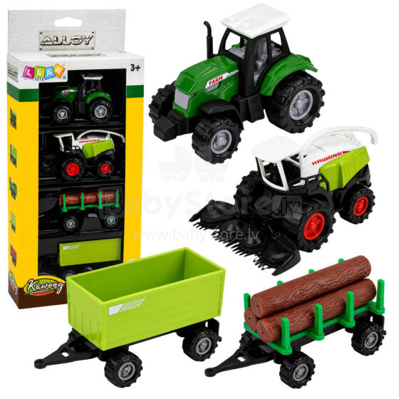 Lauksaimniecības transportlīdzekļu komplekts Traktors, lopbarības novācējs, koka piekabe 1:68 4 gab.