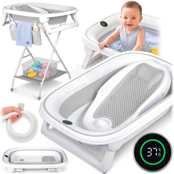 Foldable bathtub with a frame for children, infants with a thermometer and Nukido NK-279 insert in white-gray