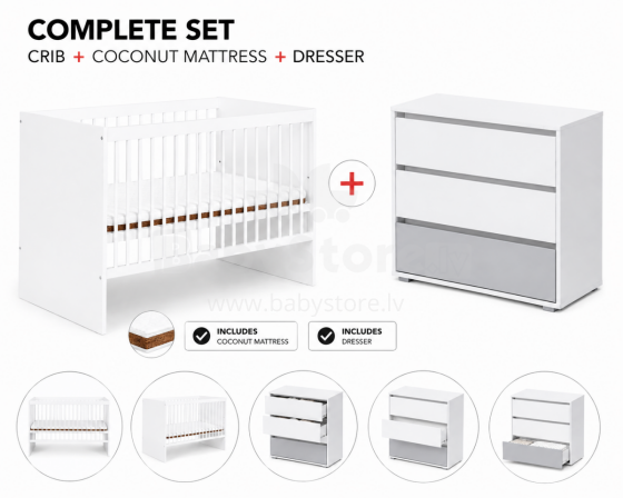 Klups Dalia Set Art.299155 White Wooden baby crib (120x60 cm) without storage drawer + coconut fiber mattress (120x60x8 cm)+dresser