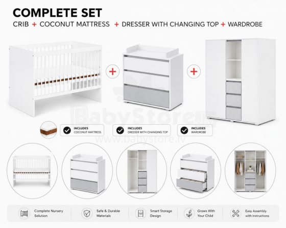Klups Dalia Set Art.299157 White  Комплект:Детская деревянная кроватка 120x60см без ящика+ кокосовый матрас 120x60x8см+комод с пеленальною поверхностью+шкаф