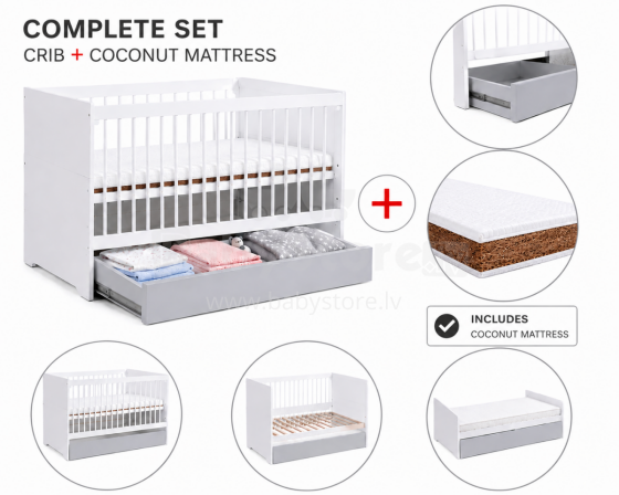 Klups Dalia Set Art.299158 White/Grey Wooden baby crib (120x60 cm) with a storage drawer + coconut fiber mattress (120x60x8 cm)