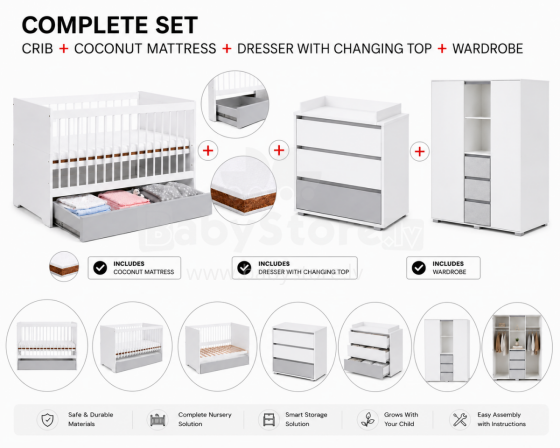 Klups Dalia Set Art.299161 White/Grey  Комплект:Детская деревянная кроватка 120x60см с выдвижным ящиком+ кокосовый матрас 120x60x8см+комод с пеленальною поверхностью+шкаф