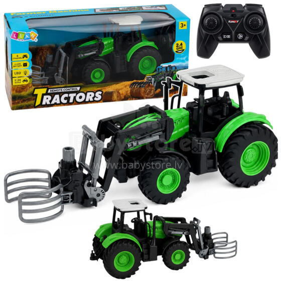 RC Traktors ar Bale Gripper Tālvadības Gaismas Zaļš 1:24