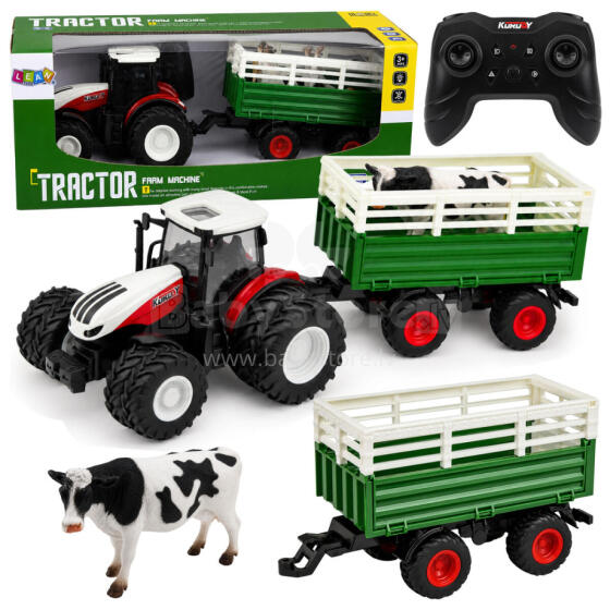Tālvadības RC lauku traktors ar piekabi un govs figūru 1:24