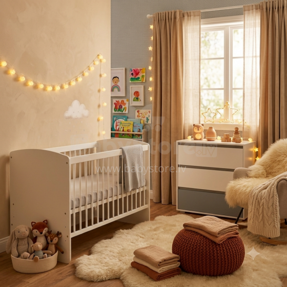 Klups Dalia Karol LUX Set Art.DK299155 White Wooden baby crib (120x60 cm) without storage drawer + coconut fiber mattress (120x60x8 cm)+dresser
