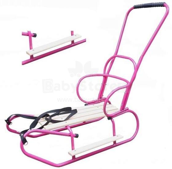 Evo Sledge+Footrests+Pusher Pink Bērnu ragavas no metāla un koka ar kāju balstu, muguriņu un stumjamu rokturi