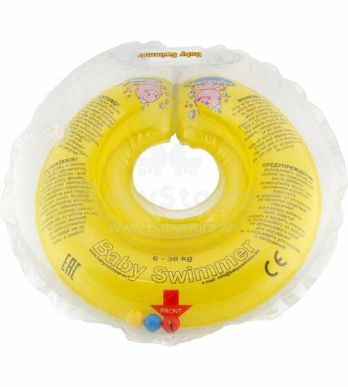 Baby Swimmer BS01 YELLOW Plaukų žiedas kūdikiams (pripučiamas žiedas plaukimui aplink kaklą) 0 -24 mėnesiams (apkrovoms nuo 3-12kg).