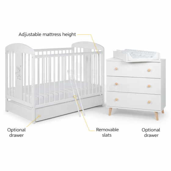 La Bebe™ Bedding Wood Set Tomi Art.43657 White Komplekts bērnu gultiņa+kumode