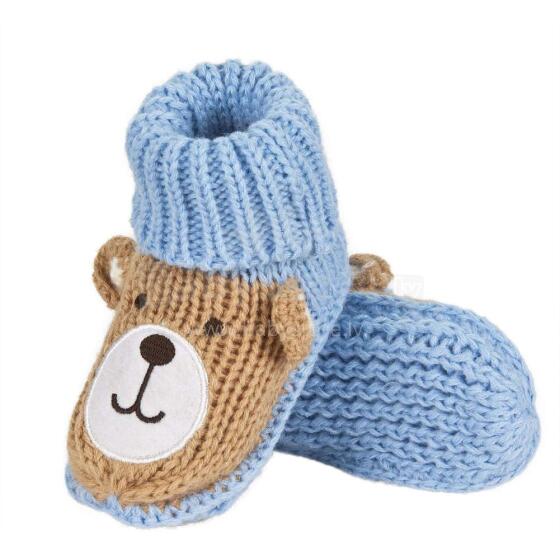 Soxo Teddy Art.69305 Blue Bear Вязанные Мягкие Детские Пинетки с апликацией в подарочной коробочке