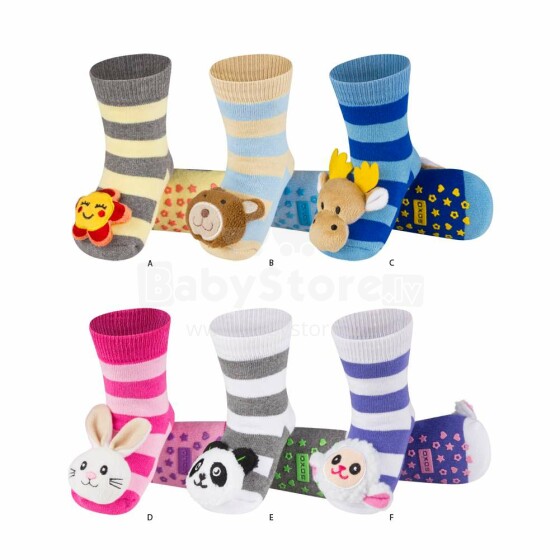„Soxo Art.87095“ šlepetės kūdikiams su gyvūnais Vaikų minkštos kojinės-šlepetės su stilingomis 3D aplikacijomis ir barškučiu
