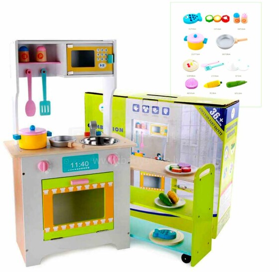 TLC Baby Kitchen Art.T20077 Medinė vaikų virtuvė su virykle ir ištraukiama lentyna ant ratų