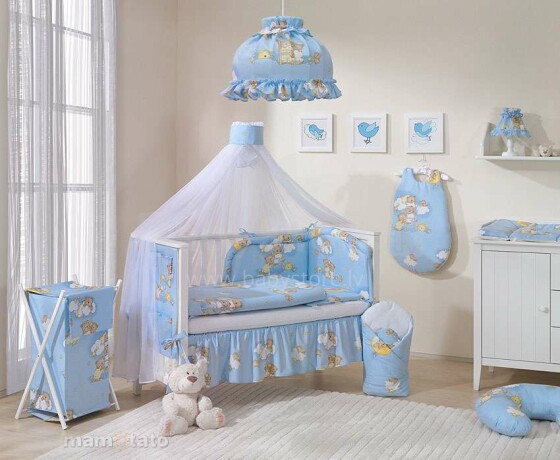 „Mamo Tato Teddy Bears“ 2 plk. Mėlyni dekoratyviniai medvilniniai raukiniai (70x140 cm, 60x120cm)