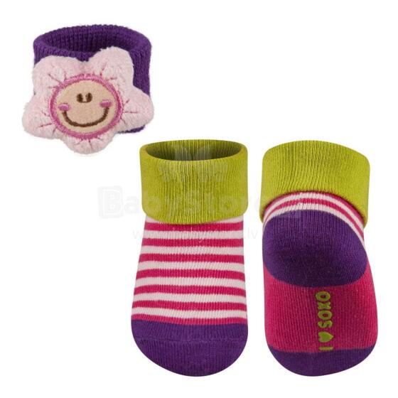 Soxo Baby Art.68671 Komplekts kokvilnas stilīgas zeķītes 0-12 m. + aproce ar grabulīti