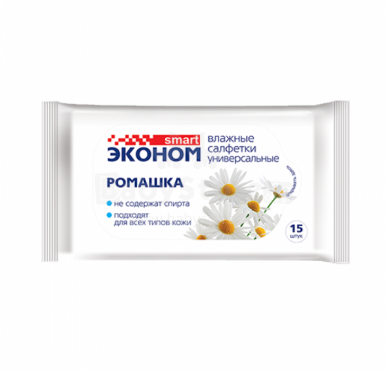 Ekonom Smart Wipes Art.29000122  Mitrās salvetes antibakteriālās Kumelīte, 15 gab.