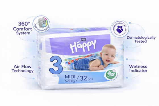 Happy Midi Bērnu autiņbiksītes 3 izmērs no 5-9kg, 32gab.