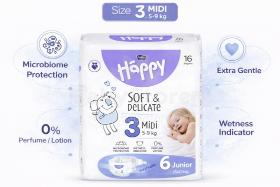 Happy Midi Bērnu autiņbiksītes 3 izmērs no 5-9kg, 16gab.