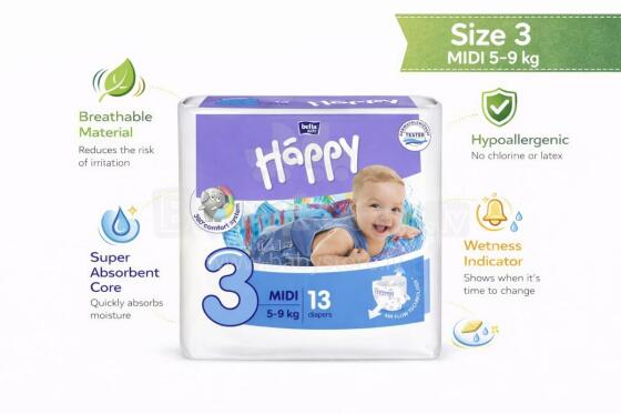 Happy Midi Bērnu autiņbiksītes 3 izmērs no 5-9kg, 13gab.