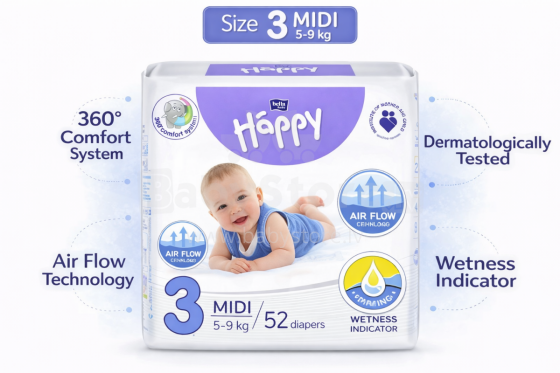 Happy Midi Bērnu autiņbiksītes 3 izmērs no 5-9kg, 52gab.