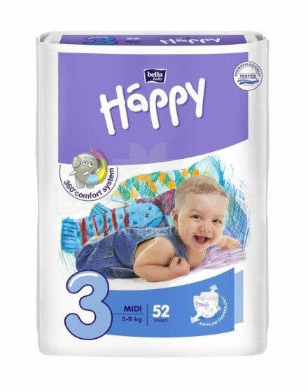 Happy Midi Baby Diapers size 3 from 5-9 kg,52 pcs.