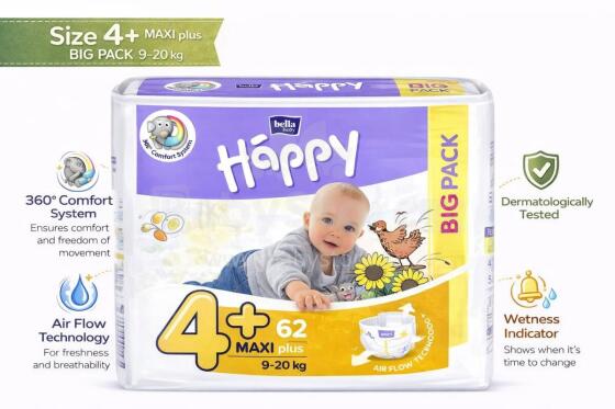 Happy Maxi Plus Big Pack Bērnu autiņbiksītes 4+ izmērs no 9-20kg, 62gab.