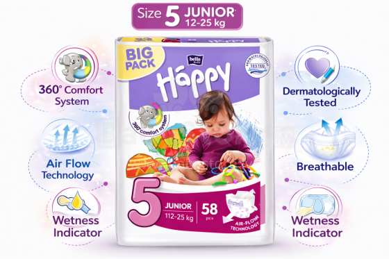 Happy Junior Big Pack Bērnu autiņbiksītes 5 izmērs no 12-25kg, 58gab.