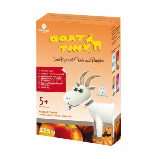 „Goattiny“ menas. 314321573 ožkos pieno košės ryžių grūdai su persikais ir moliūgais 5 ir daugiau mėnesių, 225 g