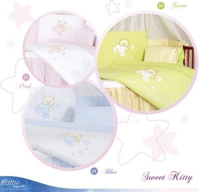TUTTOLINA - Bērnu gultas veļas komplekts 'Sweety Kitty', zaļš, virspalags + spilvendrana 
