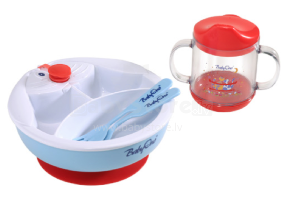 „BabyOno 239“ rinkinys: šilumos perdavimo plokštė, puodelis su barškučiu, aksesuarai + dovanų dėžutė