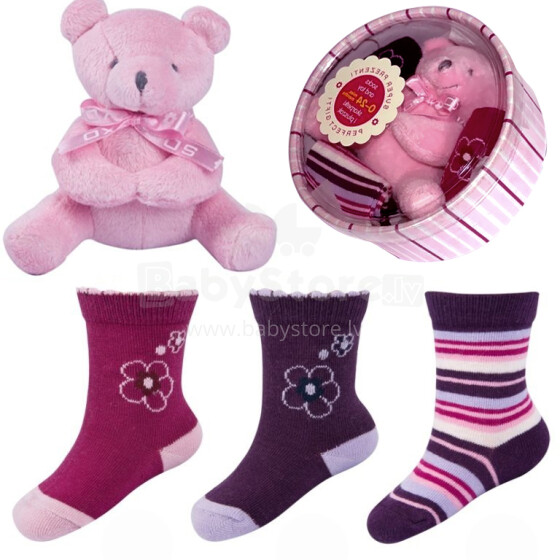 SOXO Baby dovanų rinkinys 2907 dovanų rinkinys 0-24m. Stilingos vaikiškos medvilninės kojinės 3vnt. + Žaislas