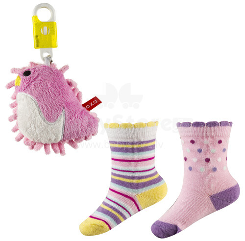 SOXO Baby dovanų rinkinys 0255 dovanų rinkinys 0-12m. Vaikiškos medvilnės stilingos kojinės 2vnt. + Žaislinis pakabukas