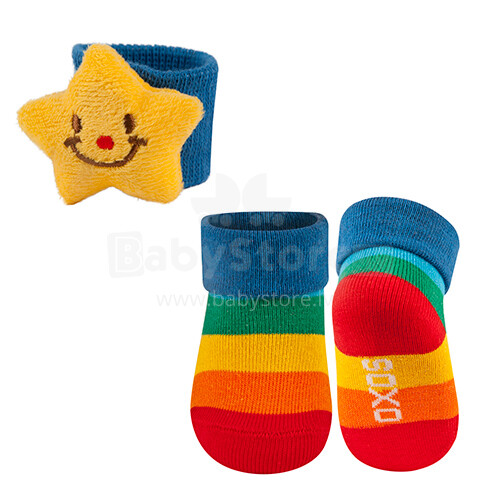 SOXO Baby 63799 rinkinys medvilnės stilingos kojinės 0-12 m. + apyrankė su barškučiu
