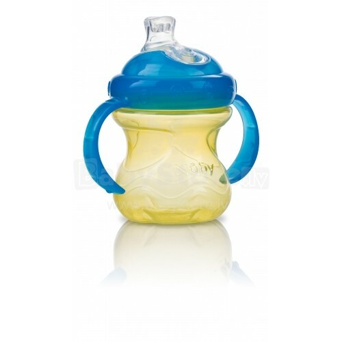 „Nuby“ menas. 9925 Mėlyna / geltona taurė kūdikiams nuo 6 mėnesių amžiaus su minkštu dangteliu 240 ml