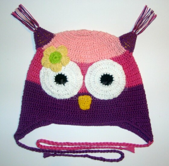 „Happy Ulula“ rankų darbo „Happy Flower Owl 72“ megzta kepurė, 44-55cm dydžio (rankų darbo)