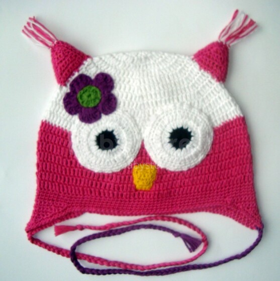 „Happy Ulula“ rankų darbo „Happy Flower Owl 67“ megzta kepurė, 44-55cm dydžio (rankų darbo)