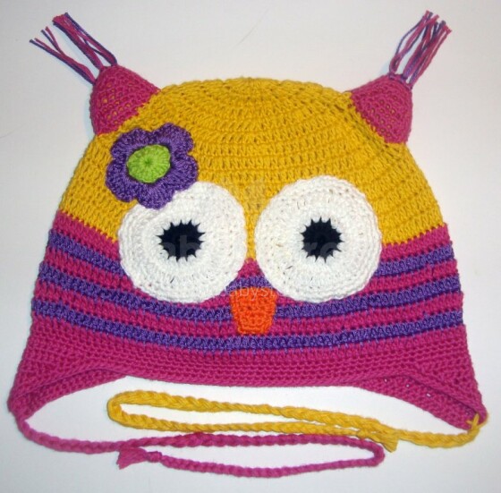 „Happy Ulula“ rankų darbo „Happy Flower Owl 78“ megzta kepurė, 44-55cm dydžio (rankų darbo)