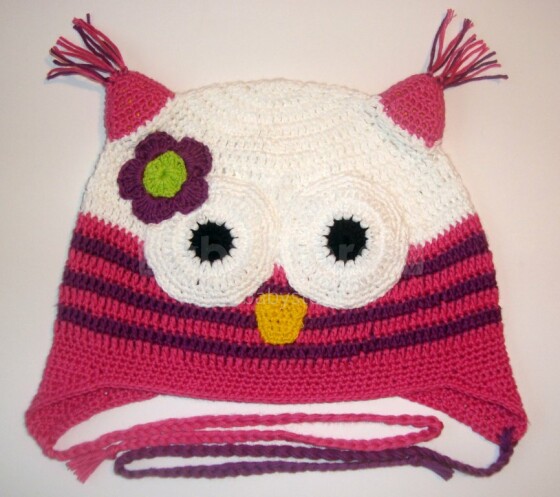 „Happy Ulula“ rankų darbo „Happy Flower Owl 73“ megzta kepurė, 44-55cm dydžio (rankų darbo)