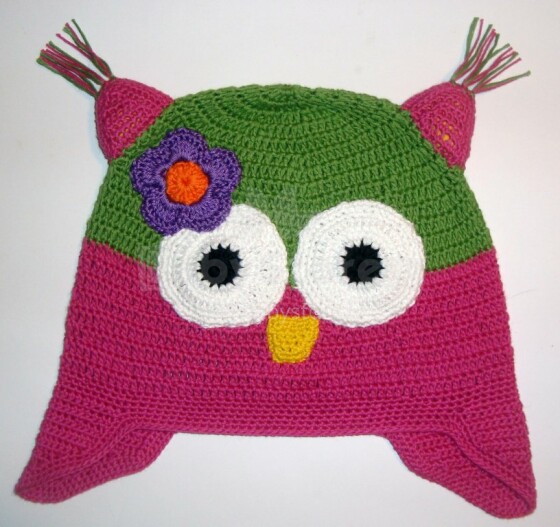 „Happy Ulula“ rankų darbo „Happy Flower Owl 81“ megzta kepurė, 44-55cm dydžio (rankų darbo)