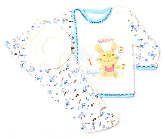 BebeKid 8620 mazuļu kokvilnas kompleks bikses + jaciņa + cepurīte 