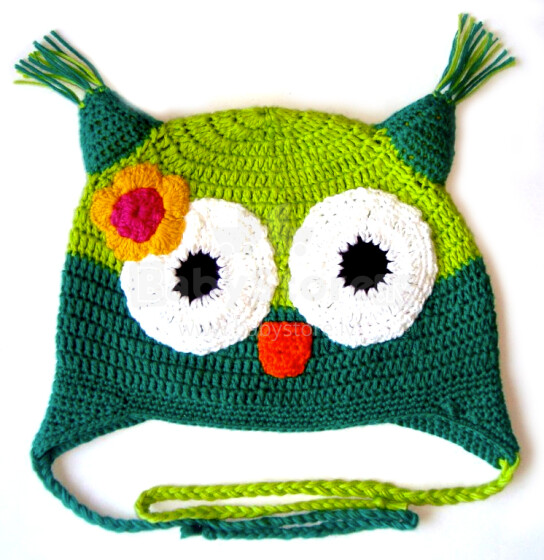 „Happy Ulula“ rankų darbo „Happy Flower Owl 83“ megzta kepurė, 44-55cm dydžio (rankų darbo)