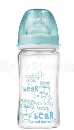 „Canpol“ kūdikių menas. 79/002 Stiklinis butelis su silikoninėmis čiulptukais nuo kolikų, 240 ml (0-6 mėn.)