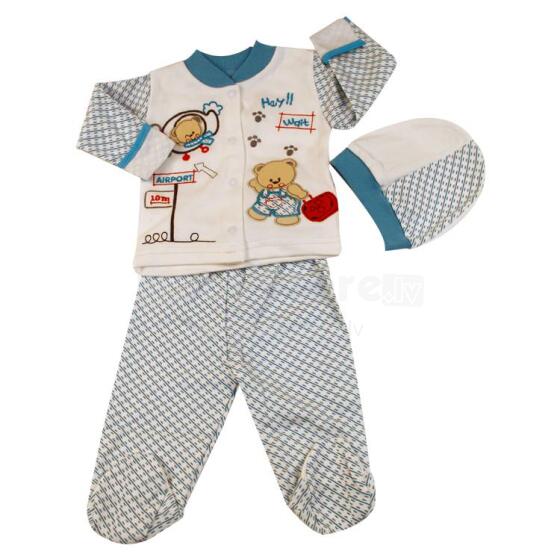 BebeKid 7723 mazuļu kokvilnas kompleks bikses + jaciņa + cepurīte blue