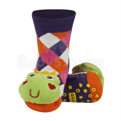 Soxo Art.31784 Šlepetės kūdikiams su gyvūnais Vaikų minkštos kojinės-šlepetės su stilingomis 3D aplikacijomis ir barškučiu