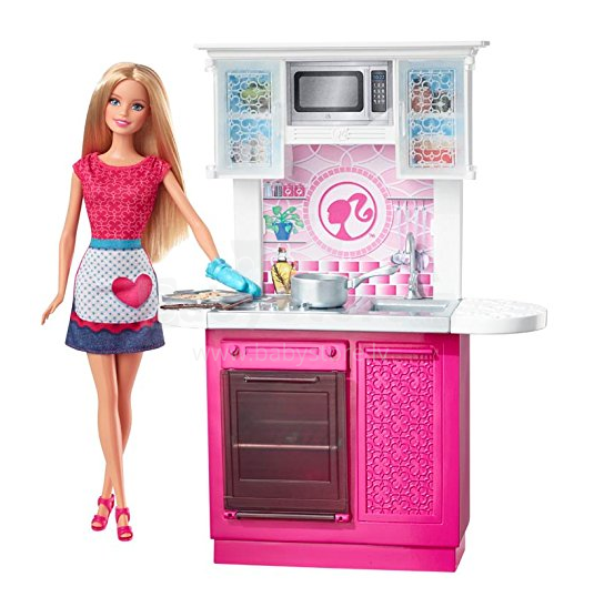 „Mattel Barbie“ virtuvės lėlių menas. Lėlė Barbė CFB62 su priedais