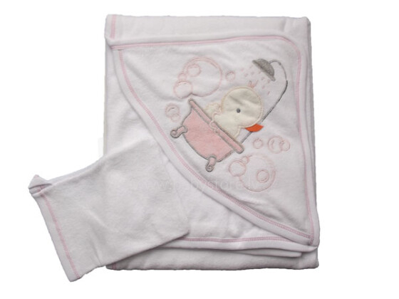 Bebekids Art.76702 Terry Towel Pink Детский комплект полотенце фроте с капюшоном (75x75) и хлопковая варежка для мытья