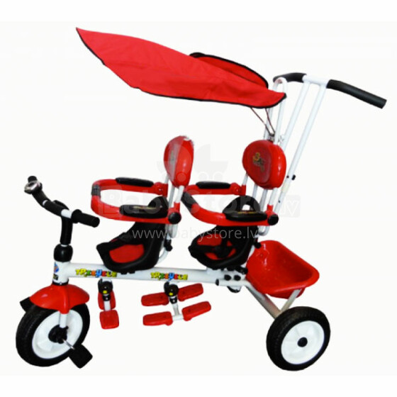Aga Design Tricycle TS 021D  Двухместный детский эксклюзивный трехколесный велосипед для двойняшек, с ручкой